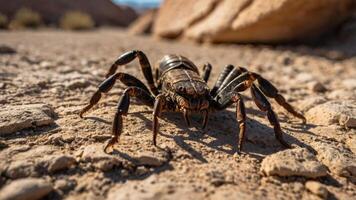 A close-up of a large spider on rocky terrain under natural light. photo