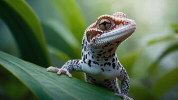 A close-up of a gecko perched on a green leaf in a natural setting. photo