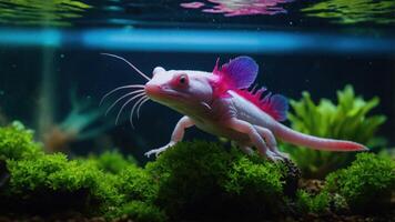 A vibrant axolotl in an aquarium habitat surrounded by greenery. photo