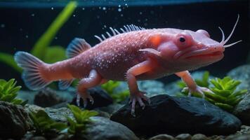 A pink aquatic creature with whiskers and fins in an underwater environment. photo
