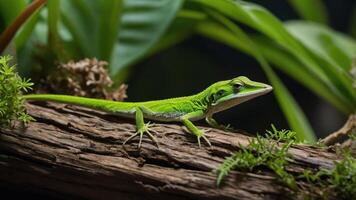 A vibrant green lizard perched on a log surrounded by lush foliage. photo