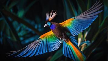 A vibrant bird with colorful feathers in flight against a lush background. photo