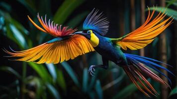 A vibrant bird with colorful plumage soaring amidst lush greenery. photo