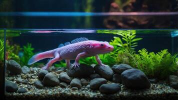 An axolotl swimming in a planted aquarium with rocks and aquatic plants. photo