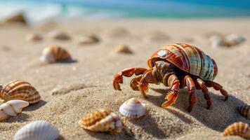 A hermit crab on sandy beach surrounded by seashells, with ocean waves in the background. photo