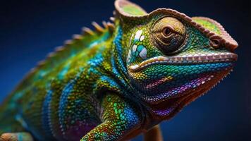 A vibrant close-up of a chameleon showcasing its colorful scales and intricate patterns. photo