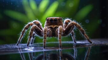 A close-up of a spider with prominent eyes and detailed fur against a blurred green background. photo