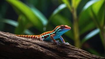 A vibrant lizard perched on a log amidst lush green foliage. photo