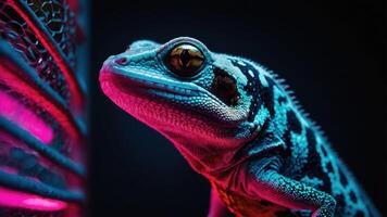 A close-up of a vibrant, colorful frog with striking patterns against a dark background. photo