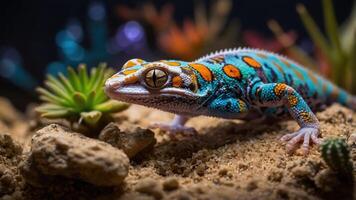 A vibrant gecko resting on sandy terrain with colorful plants in the background. photo