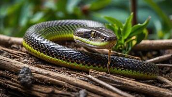 A close-up of a vibrant green and black snake resting on twigs in a natural setting. photo
