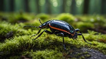 A close-up of a black beetle with an orange stripe on mossy ground in a forest setting. photo