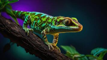 A vibrant gecko perched on a branch against a colorful background. photo