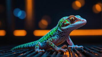 A vibrant gecko with striking colors posed against a blurred, colorful background. photo