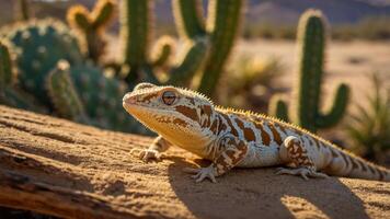 A close-up of a lizard resting on a log in a desert landscape with cacti in the background. photo