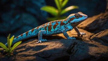 A vibrant blue and orange lizard on a rock amidst green plants in a natural setting. photo