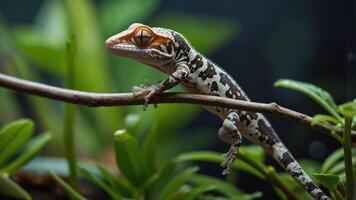 A gecko perched on a branch amidst lush greenery. photo