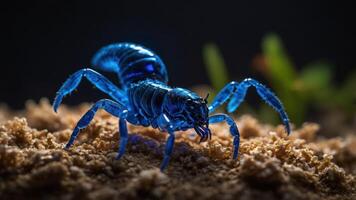 A close-up of a glowing blue scorpion on sandy ground, showcasing its unique features. photo