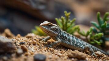 A close-up of a lizard on sandy ground with green foliage in the background. photo