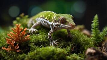 A vibrant green gecko perched on moss with colorful plants in a natural habitat setting. photo
