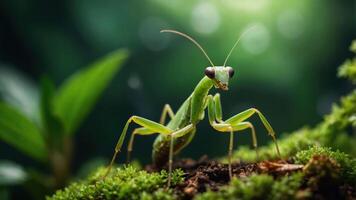 A close-up of a green praying mantis on moss, showcasing its detailed features in nature. photo