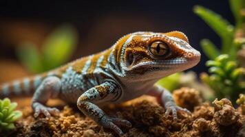 A close-up of a colorful gecko resting on the ground among small plants. photo