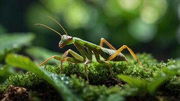 A close-up of a green mantis on moss, showcasing its intricate features and natural habitat. photo