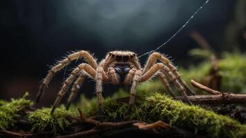 Close-up of a spider on moss, showcasing its intricate features and natural habitat. photo