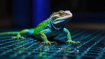 A vibrant lizard resting on a metal grid, showcasing its colorful scales and texture. photo