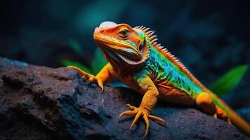 A vibrant lizard resting on a rock, showcasing its colorful scales and unique features. photo