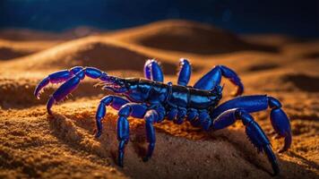 A vibrant blue scorpion walking on sandy terrain, showcasing its unique coloration and texture. photo