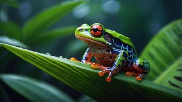 A vibrant frog perched on a leaf, showcasing its colorful patterns in a lush environment. photo