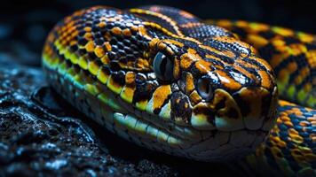 A close-up of a vibrant, patterned snake resting on a dark surface. photo