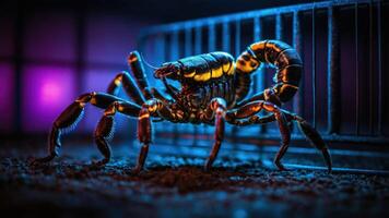 A vividly lit scorpion in a dark environment, showcasing its intricate details and colors. photo