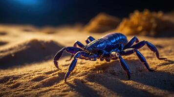 A close-up of a vibrant blue scorpion crawling on sandy terrain. photo
