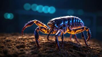 A close-up of a vibrant scorpion on a textured surface with dramatic lighting. photo