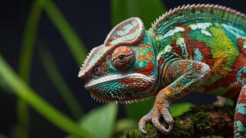 A vibrant chameleon perched on a branch, showcasing its colorful scales and intricate patterns. photo