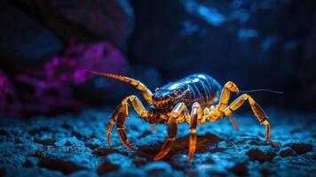 A vibrant crab with glowing colors in a dark underwater setting. photo