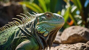 A close-up of a vibrant green iguana resting among rocks and foliage. photo