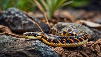 A colorful snake resting on rocks amidst foliage in a natural environment. photo