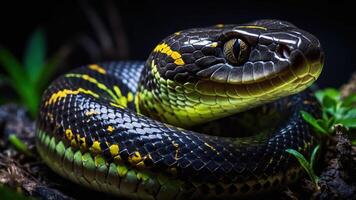 A close-up of a vibrant, patterned snake coiled among greenery. photo