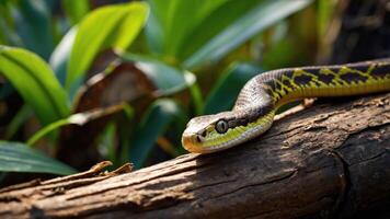 A snake resting on a log amidst lush green foliage. photo