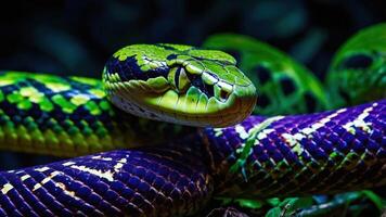 A vibrant, close-up view of a green and purple snake resting on a branch. photo