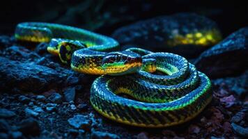 A vibrant green and yellow snake coiled on rocky terrain, illuminated in a dark setting. photo
