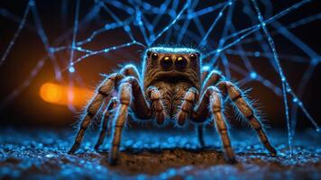 A close-up of a spider surrounded by glowing web strands in a dark environment. photo