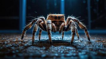 A close-up of a spider with detailed textures and lighting in a dark environment. photo