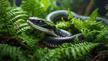 A snake camouflaged among lush ferns in a vibrant forest setting. photo