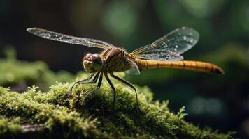 A close-up of a dragonfly perched on moss, showcasing its intricate details and natural habitat. photo