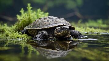 A turtle resting on mossy rocks in a serene water environment, reflecting its image. photo