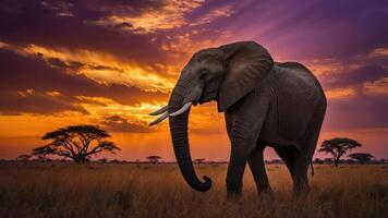 An elephant stands majestically against a vibrant sunset in a savanna landscape. photo